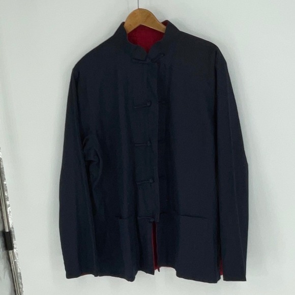 Mens Chinese Style Jacket Red Reversible Blue Mandarin Collar Frog Button L XL - Picture 8 of 14